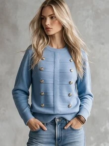 Trelyra 2026 Fall New French Style Classic Double-Breasted Light Blue Button Short Plush Knit Sweater, Elegant Commuter Soft Gentle Versatile Brunch Office - Dusty Blue - View 5