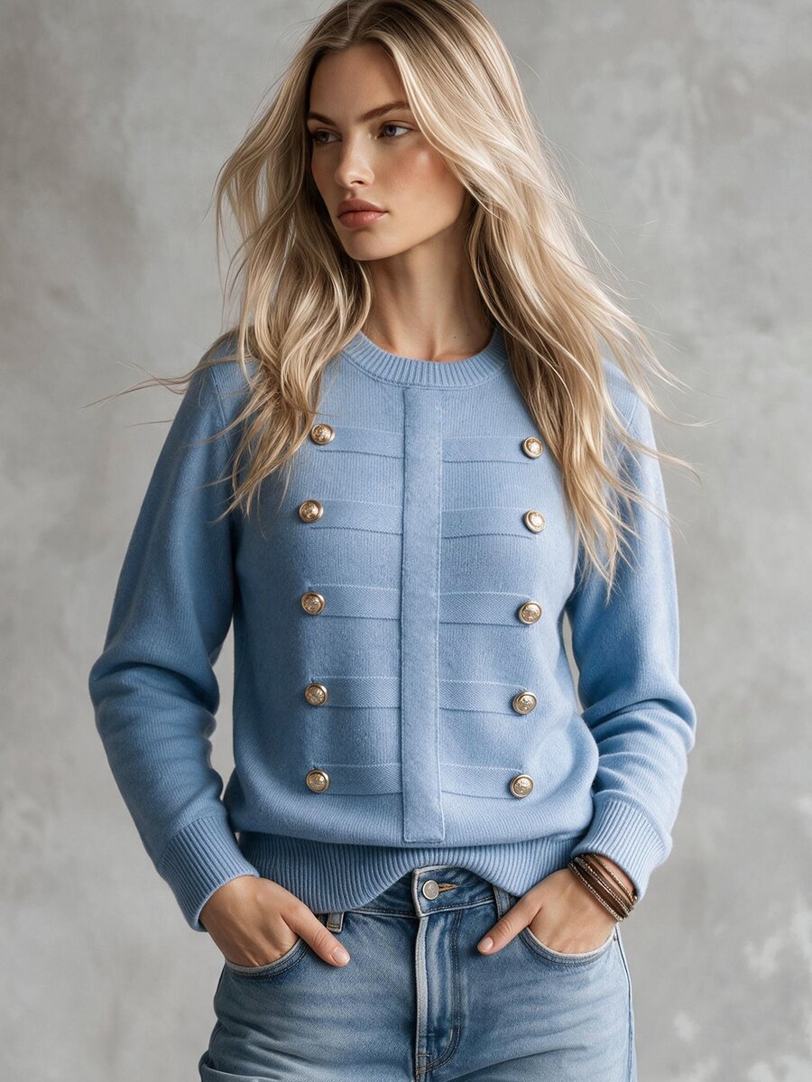 Trelyra 2026 Fall New French Style Classic Double-Breasted Dusty Blue Button Short Plush Knit Sweater, Elegant Commuter Soft Gentle Versatile Brunch Office