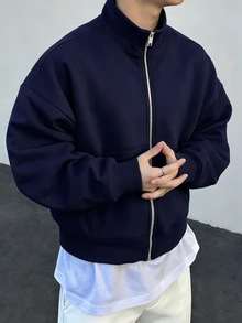 Manfinity Roghcode Men Casual Short Street Wear Zip Up Sweatshirt, Fall, Long Sleeve Top, Valentine's Day, Spring To Summer, Gift For My Boyfriend, Mardi Gras, Vintage, Streetwear, Party, St Patrick's Day, Going Out - Royal Blue - View 2