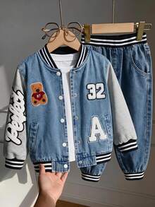 Young Boy Denim Jacket Patchwork Baseball Style All-Season Casual Matching Cowboy Streetwear Baby Blue Distressed Washed Denim With Bear Letter Towel - Medium Wash - View 1