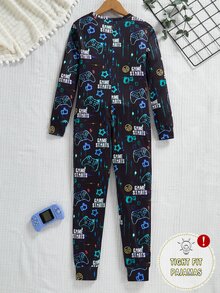 Tween Boys' Video Game Luminous Graphic Front Zipper Long Sleeve Fall Jumpsuit Snug Fit Loungewear Crew Neck Knit Cartoon Pants Black And Pink Cute - Multicolor - View 3