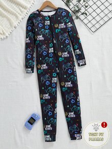Tween Boys' Video Game Luminous Graphic Front Zipper Long Sleeve Fall Jumpsuit Snug Fit Loungewear Crew Neck Knit Cartoon Pants Black And Pink Cute - Multicolor - View 10