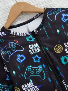 Tween Boys' Video Game Luminous Graphic Front Zipper Long Sleeve Fall Jumpsuit Snug Fit Loungewear Crew Neck Knit Cartoon Pants Black And Pink Cute - Multicolor - View 13