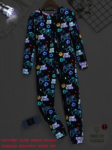 Tween Boys' Video Game Luminous Graphic Front Zipper Long Sleeve Fall Jumpsuit Snug Fit Loungewear Crew Neck Knit Cartoon Pants Black And Pink Cute - Multicolor - View 6