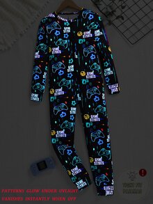 Tween Boys' Video Game Luminous Graphic Front Zipper Long Sleeve Fall Jumpsuit Snug Fit Loungewear Crew Neck Knit Cartoon Pants Black And Pink Cute - Multicolor - View 5