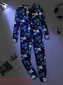 Tween Boys' Video Game Luminous Graphic Front Zipper Long Sleeve Fall Jumpsuit Snug Fit Loungewear Crew Neck Knit Cartoon Pants Black And Pink Cute - Multicolor - View 2