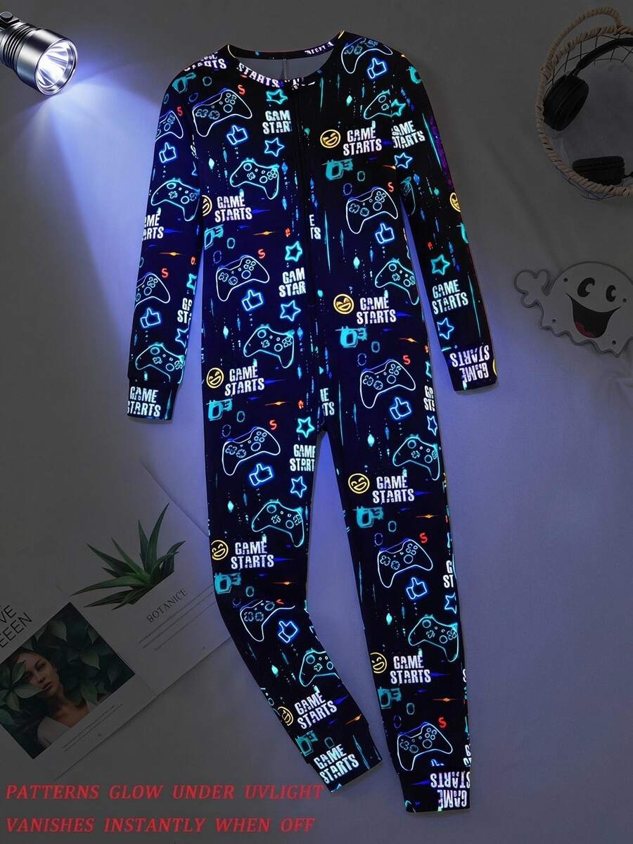 Tween Boys' Video Game Luminous Graphic Front Zipper Long Sleeve Fall Jumpsuit Snug Fit Loungewear Crew Neck Knit Cartoon Pants Black And Pink Cute