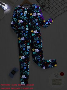 Tween Boys' Video Game Luminous Graphic Front Zipper Long Sleeve Fall Jumpsuit Snug Fit Loungewear Crew Neck Knit Cartoon Pants Black And Pink Cute - Multicolor - View 8