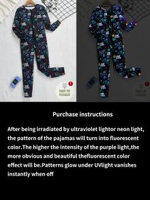 Tween Boys' Video Game Luminous Graphic Front Zipper Long Sleeve Fall Jumpsuit Snug Fit Loungewear Crew Neck Knit Cartoon Pants Black And Pink Cute - Multicolor - View 14