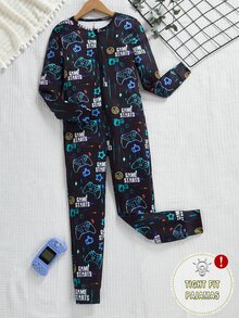 Tween Boys' Video Game Luminous Graphic Front Zipper Long Sleeve Fall Jumpsuit Snug Fit Loungewear Crew Neck Knit Cartoon Pants Black And Pink Cute - Multicolor - View 7