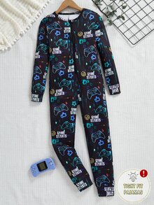 Tween Boys' Video Game Luminous Graphic Front Zipper Long Sleeve Fall Jumpsuit Snug Fit Loungewear Crew Neck Knit Cartoon Pants Black And Pink Cute - Multicolor - View 4