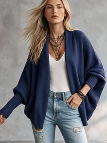 SHEIN كارديجان أنيق بياقة شال ذو أكمام فانوس لون أحادي للنساء، خريف/شتاء - أزرق بحري - مشاهدة 1