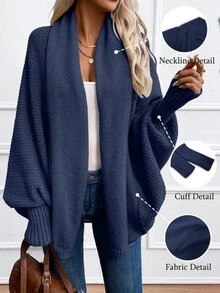 SHEIN كارديجان أنيق بياقة شال ذو أكمام فانوس لون أحادي للنساء، خريف/شتاء - أزرق بحري - مشاهدة 4