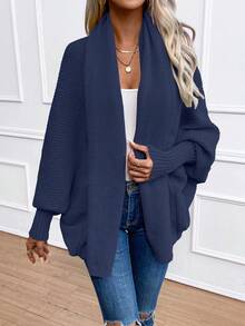 SHEIN كارديجان أنيق بياقة شال ذو أكمام فانوس لون أحادي للنساء، خريف/شتاء - أزرق بحري - مشاهدة 10
