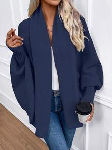 SHEIN كارديجان أنيق بياقة شال ذو أكمام فانوس لون أحادي للنساء، خريف/شتاء - أزرق بحري - مشاهدة 8