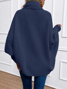 SHEIN كارديجان أنيق بياقة شال ذو أكمام فانوس لون أحادي للنساء، خريف/شتاء - أزرق بحري - مشاهدة 2
