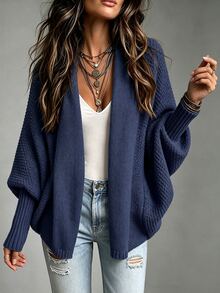 SHEIN كارديجان أنيق بياقة شال ذو أكمام فانوس لون أحادي للنساء، خريف/شتاء - أزرق بحري - مشاهدة 3