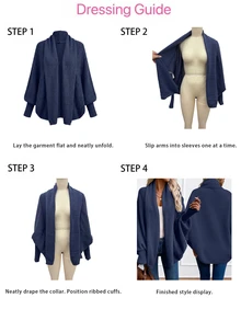 SHEIN كارديجان أنيق بياقة شال ذو أكمام فانوس لون أحادي للنساء، خريف/شتاء - أزرق بحري - مشاهدة 5