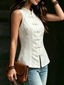 SHEIN سترة نسائية بأسلوب صيني جديد مصنوعة يدويًا بأزرار على شكل ضفدع وياقة واقفة وخصر مشدود، أسلوب أنيق وعملي للعطلات، مناسبة للتنقل اليومي والسفر والعطلات، الربيع/الصيف - لون مشمشي - مشاهدة 6