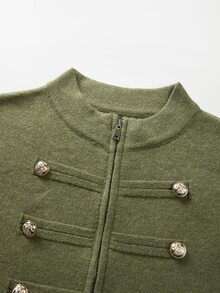 SHEIN New Spring/Autumn Napoleon Military Style Double-Breasted Knit Vest For Women, Stand Collar Full Zip Short Sleeve, Size S - Army Green - View 10