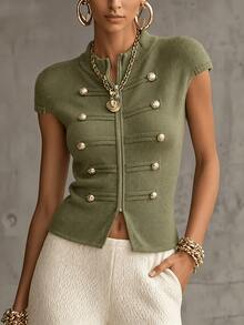 SHEIN New Spring/Autumn Napoleon Military Style Double-Breasted Knit Vest For Women, Stand Collar Full Zip Short Sleeve, Size S - Army Green - View 4