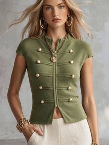 SHEIN New Spring/Autumn Napoleon Military Style Double-Breasted Knit Vest For Women, Stand Collar Full Zip Short Sleeve, Size S - Army Green - View 2
