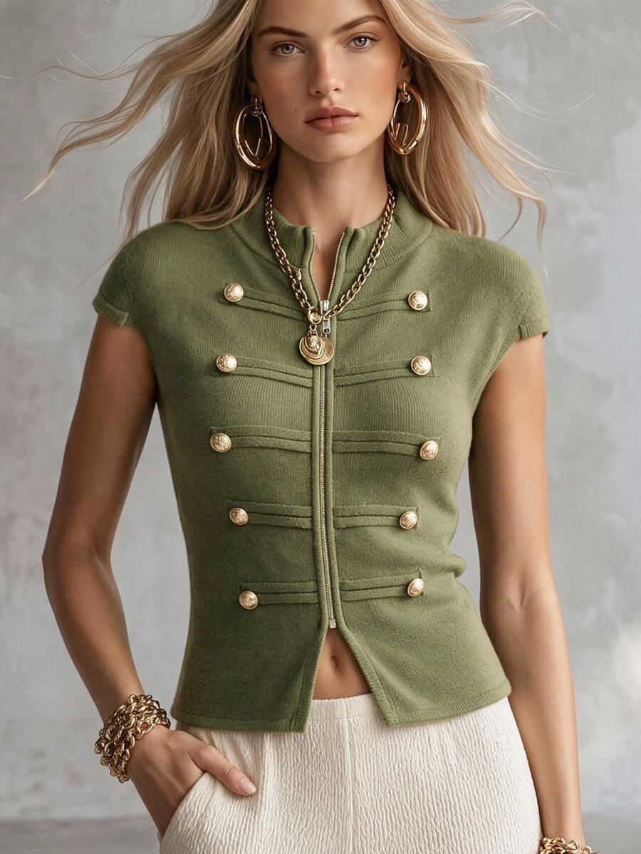 SHEIN New Spring/Autumn Napoleon Military Style Double-Breasted Knit Vest For Women, Stand Collar Full Zip Short Sleeve, Size S