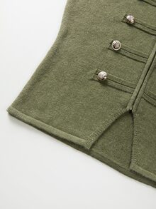 SHEIN New Spring/Autumn Napoleon Military Style Double-Breasted Knit Vest For Women, Stand Collar Full Zip Short Sleeve, Size S - Army Green - View 6