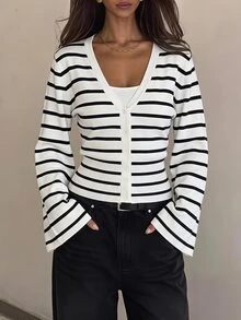 SHEIN Tall Tall Women's Black And White Striped Long-Sleeve Cardigan Knit Top - Black and White - View 4