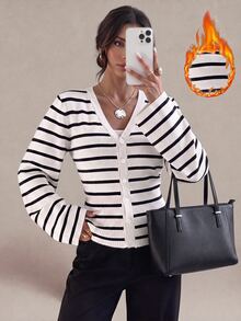 SHEIN Tall Tall Women's Black And White Striped Long-Sleeve Cardigan Knit Top - Black and White - View 1