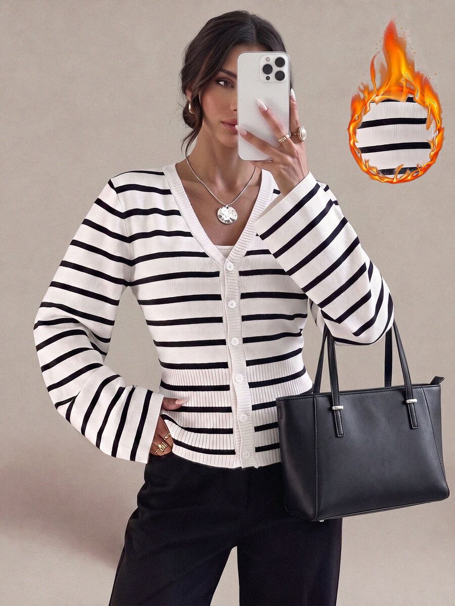 SHEIN Tall Tall Women's Black And White Striped Long-Sleeve Cardigan Knit Top - Black and White - View 1