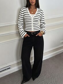 SHEIN Tall Tall Women's Black And White Striped Long-Sleeve Cardigan Knit Top - Black and White - View 5
