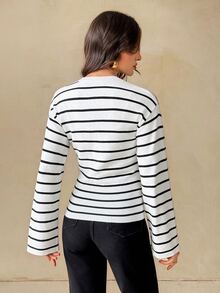 SHEIN Tall Tall Women's Black And White Striped Long-Sleeve Cardigan Knit Top - Black and White - View 2