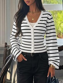SHEIN Tall Tall Women's Black And White Striped Long-Sleeve Cardigan Knit Top - Black and White - View 8