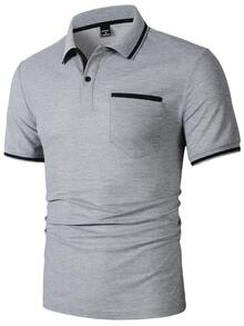 Manfinity Homme 男士休閒對比飾邊短袖 Polo 衫，附口袋，正式款 - 淺灰色 - 查看 6