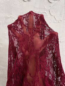 SHEIN Gaun Pesta Renda Elegan yang Pas Badan untuk Wanita Hamil, Musim Gugur, dan Natal - Burgundy - View 7