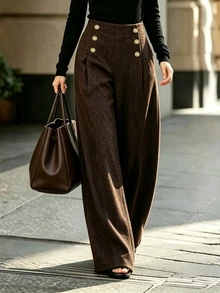 SHEIN LUNE Women's Elegant Button-Front Wool Blend Wide Leg Long Pants, Autumn/Winter - Coffee Brown - View 4