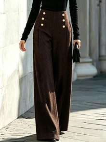 SHEIN LUNE Women's Elegant Button-Front Wool Blend Wide Leg Long Pants, Autumn/Winter - Coffee Brown - View 5