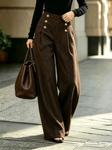 SHEIN LUNE Women's Elegant Button-Front Wool Blend Wide Leg Long Pants, Autumn/Winter - Coffee Brown - View 6