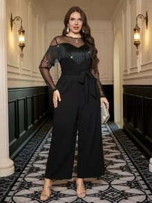 Reflora Plus Size Women's Mesh Patchwork Tassel Decor Casual Daily Jumpsuit Fringe Sexy Chic Unique Vacation Outfits Elegant Fall Party Evening Black - Black - View 6