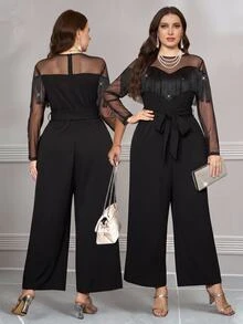 Reflora Plus Size Women's Mesh Patchwork Tassel Decor Casual Daily Jumpsuit Fringe Sexy Chic Unique Vacation Outfits Elegant Fall Party Evening Black - Black - View 1