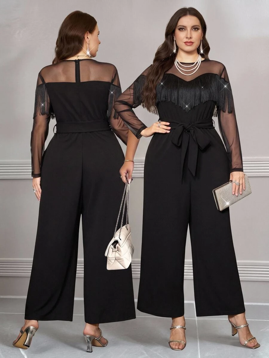 Reflora Plus Size Women's Mesh Patchwork Tassel Decor Casual Daily Jumpsuit Fringe Sexy Chic Unique Vacation Outfits Elegant Fall Party Evening Black - Black - View 1