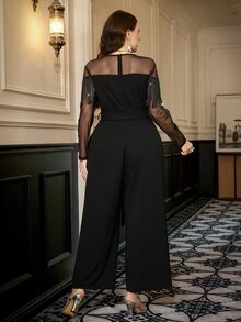 Reflora Plus Size Women's Mesh Patchwork Tassel Decor Casual Daily Jumpsuit Fringe Sexy Chic Unique Vacation Outfits Elegant Fall Party Evening Black - Black - View 2