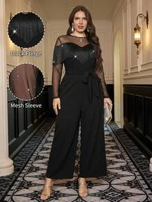 Reflora Plus Size Women's Mesh Patchwork Tassel Decor Casual Daily Jumpsuit Fringe Sexy Chic Unique Vacation Outfits Elegant Fall Party Evening Black - Black - View 8