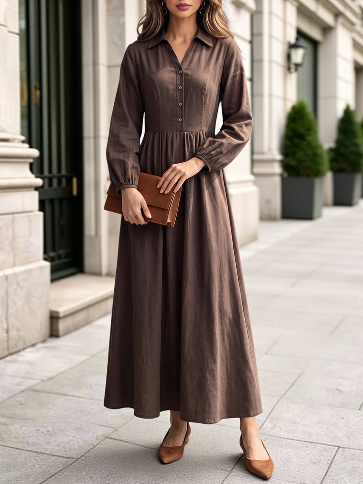 Editum Women's Coffee Brown Elegant Commute Casual Shirt-Style V-Neck Long Dress With Button Decor And Ruched Detail, Slimming And Neck-Elongating - Coffee Brown - View 5
