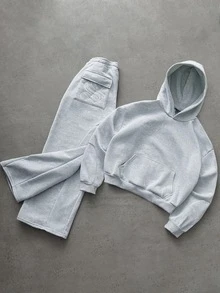 PAVTROS Men's Elastic Solid Color Street Style Gray Thermal Lined Sports Suit, Men's Sportswear, Men's 2 Pieces Sportswear Set, Fall Clothes Winter - Light Grey - View 5