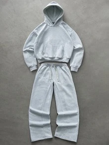 PAVTROS Men's Elastic Solid Color Street Style Gray Thermal Lined Sports Suit, Men's Sportswear, Men's 2 Pieces Sportswear Set, Fall Clothes Winter - Light Grey - View 1