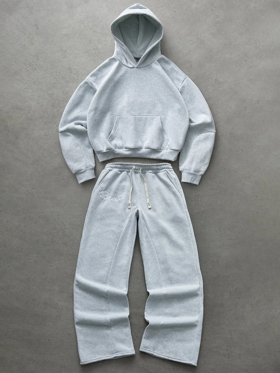PAVTROS Men's Elastic Solid Color Street Style Gray Thermal Lined Sports Suit, Men's Sportswear, Men's 2 Pieces Sportswear Set, Fall Clothes Winter - Light Grey - View 1