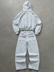 PAVTROS Men's Elastic Solid Color Street Style Gray Thermal Lined Sports Suit, Men's Sportswear, Men's 2 Pieces Sportswear Set, Fall Clothes Winter - Light Grey - View 2