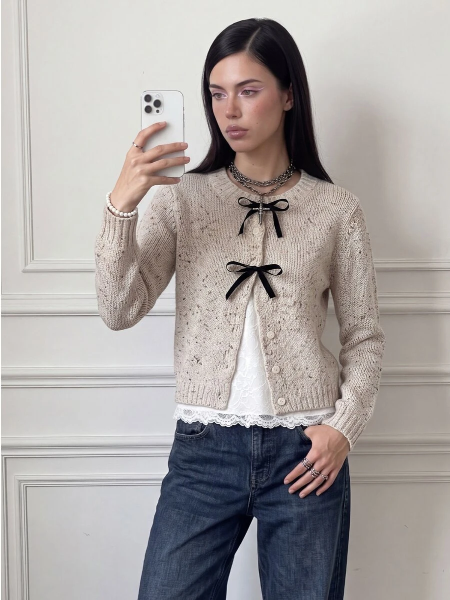 CHAOSSORY CHAOSSORY Black Color Mixed Yarn Knit Cardigan, Sweet French Romantic Preppy Style Daily Commute Layering Single-Breasted Bow Long Sleeve Top Brunch Autumn - Apricot - View 1
